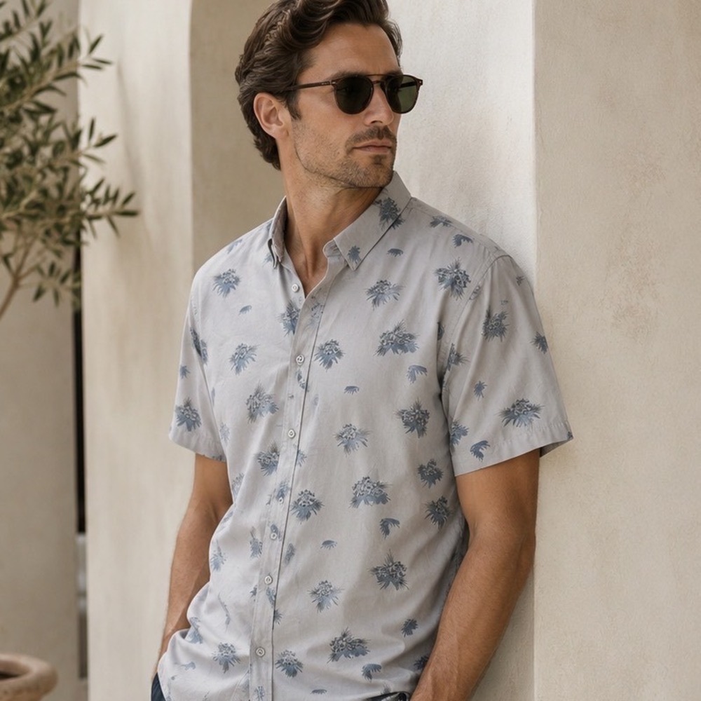 Travis Mathew Button Down Shirt Mens 3XL Grey Floral Short Sleeve Performance